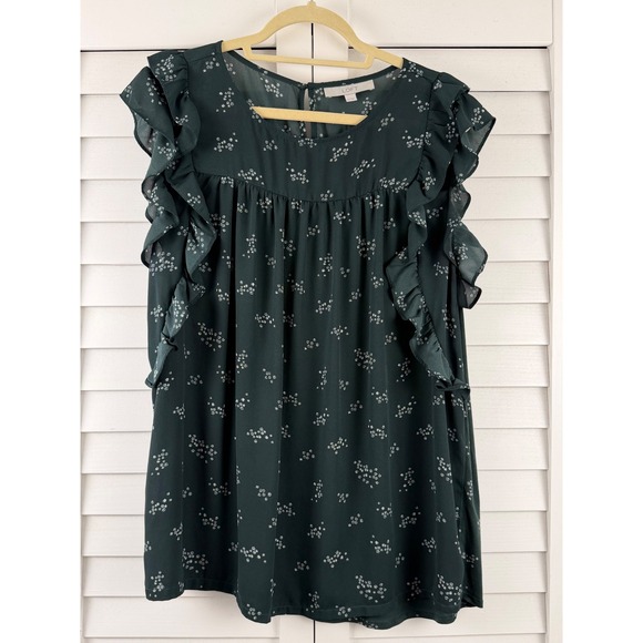 LOFT Tops - LOFT Flutter Sleeve Top Women XXL Green Floral Ruffle Blouse